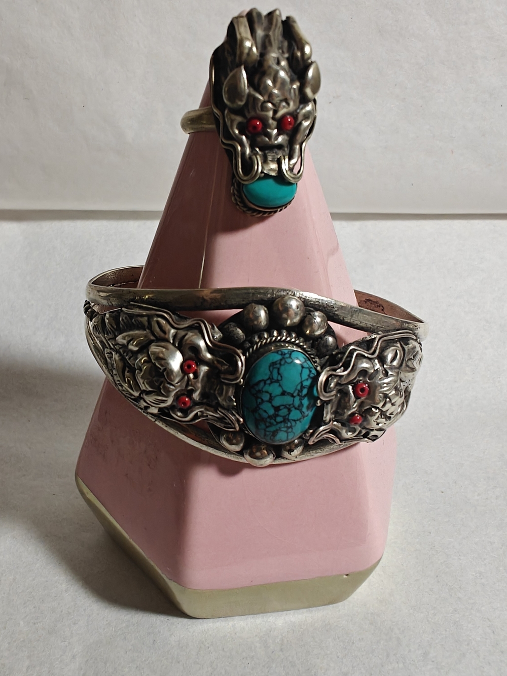 Turquoise Dragon Motif Cuff Bracelet and Ring Set - Tibetan Silver